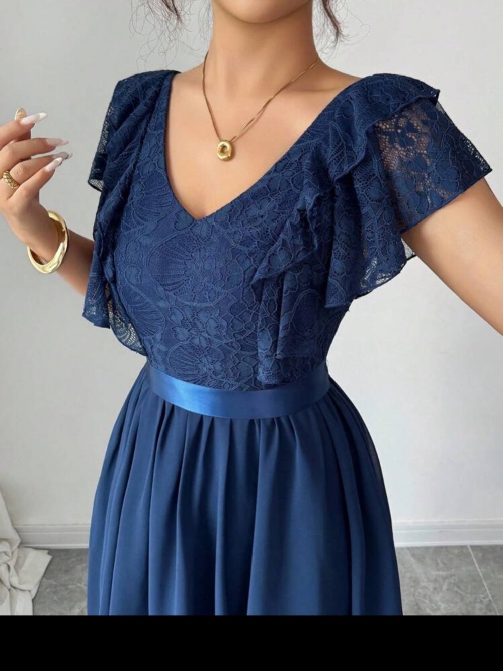 Navy Lace Flutter Sleeve V-Neck Dress